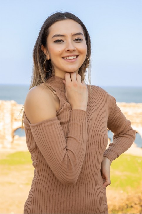 Omuz Dekolte Fitilli Triko Elbise - CAMEL Omuz Dekolte Fitilli Triko Elbise - CAMEL