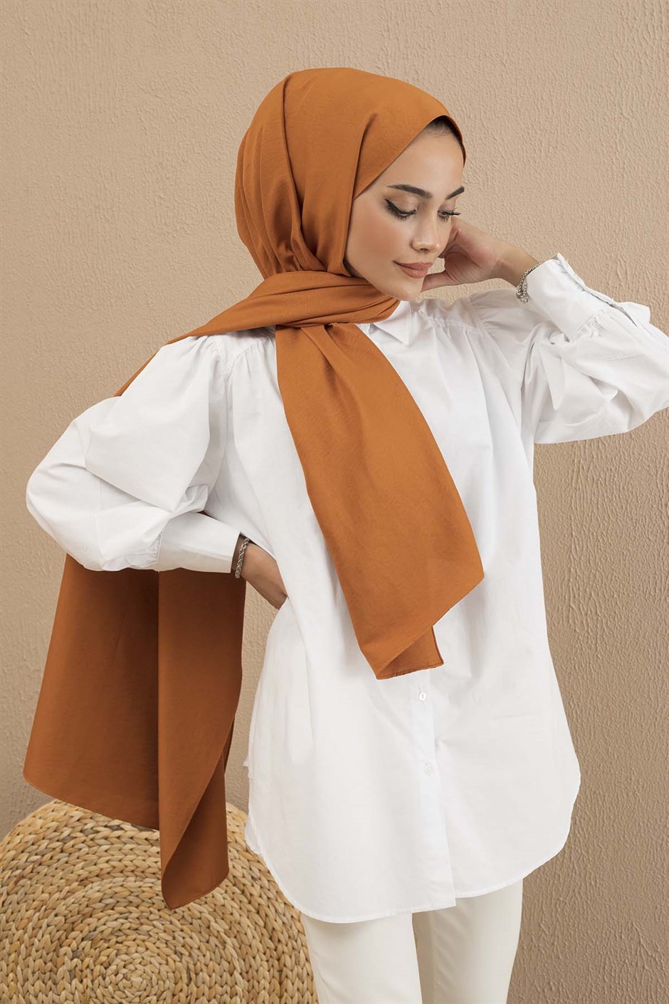 Kendinden Desenli Kemerli Elbise Kiremit